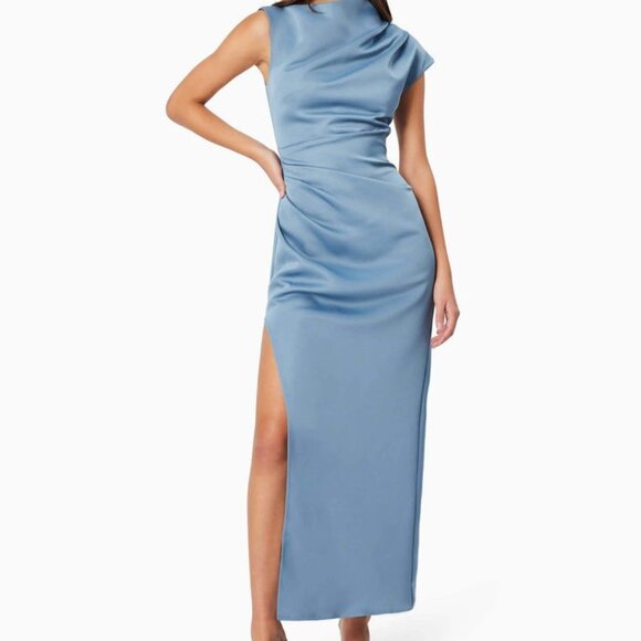 ELLIATT Coralie Maxi Dress in Steel Blue midi high mock neck short sleeve ruched - Picture 3 of 6